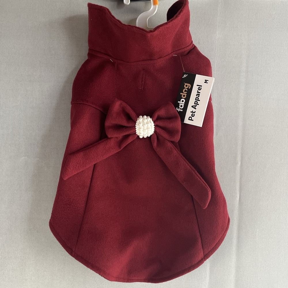 Fab Dog Holiday Dog Dark Red Coat Fancy Cute Pearl Bow Winter Size Medium